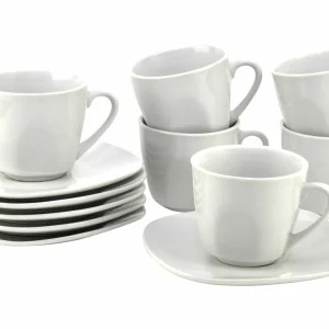 Null 6er Set Espressotasse Palazzo 11cl Mit Untertasse 12,3cm – Aus Weißem Porzellan Mit Dekor-Kreisen In Grau Und Dunkelrot 11