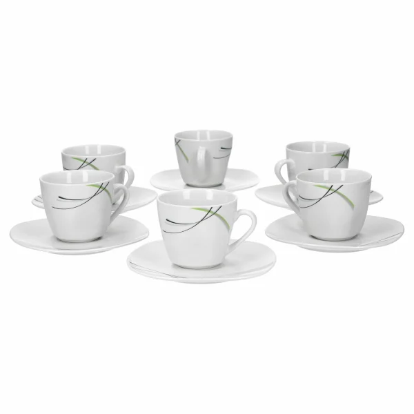 Null 6er Set Kaffeetasse 20cl Und Kaffeeuntertasse 14,5cm Donna – Weißes Porzellan Mit Linien- Dekor In Schwarz, Grau Und Grün 1