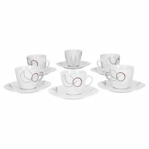 Null 6er Set Kaffeetasse 20cl Und Kaffeeuntertasse 14,5cm Donna – Weißes Porzellan Mit Linien- Dekor In Schwarz, Grau Und Grün 13