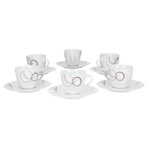 Null 6er Set Espressotasse Palazzo 11cl Mit Untertasse 12,3cm – Aus Weißem Porzellan Mit Dekor-Kreisen In Grau Und Dunkelrot 13