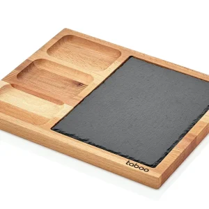 Null Schäfer Bambus Holz Servierplatte 35 X 25 X 1,8 Cm Mit 3 Runden Fächern Brett Steakteller Steakbrett 10