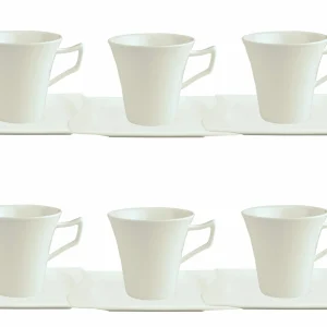 Null 6er Set Kaffeetasse 20cl Und Kaffeeuntertasse 14,5cm Donna – Weißes Porzellan Mit Linien- Dekor In Schwarz, Grau Und Grün 17