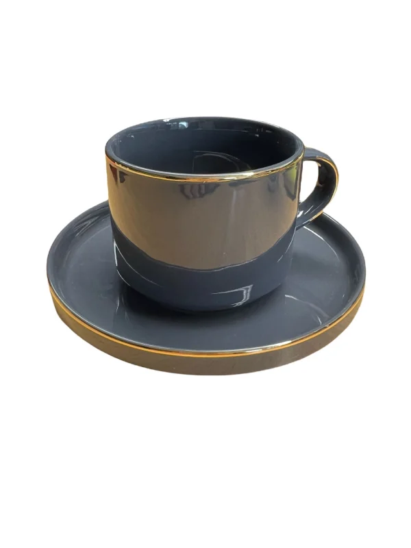 Null 12-Teiliges Kaffeeset Aus Porzellan Mit Untertassen Kaffeebecher Tasse Grau Mit Gold Umrandung Espressotasse 1