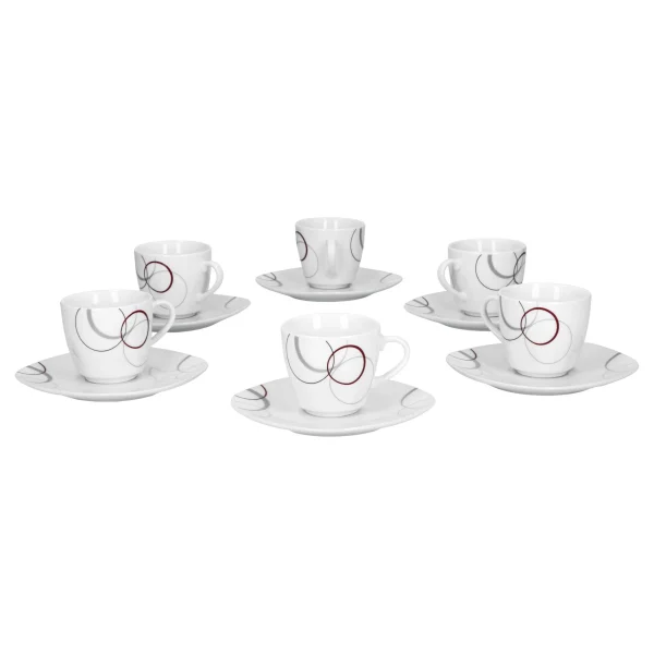 Null 6er Set Kaffeetasse 20cl Und Kaffeeuntertasse 14,5cm Palazzo – Aus Weißem Porzellan Mit Dekor-Kreisen In Grau Und Dunkelrot 5